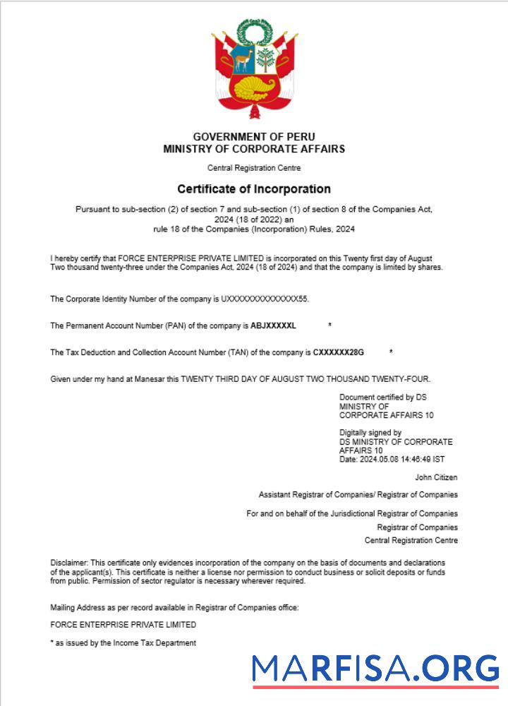 Blank Peru business registration certificate Word and PDF template